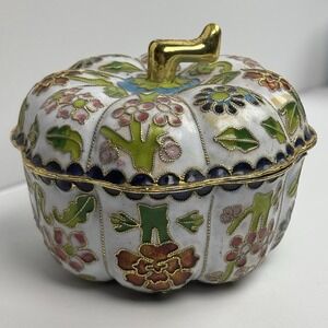 Vintage Cloisonné Chinese Export Enamel Floral Pumpkin Trinket Box 4 inch wide